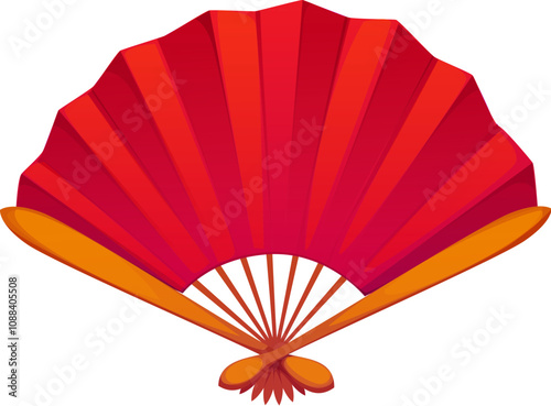 Traditional Chinese red hand fan with pleated folds and an elegant, ornamental handle. Isolated cartoon vector lunar New Year holiday cultural item for Cny celebration, elegance, art and fashion
