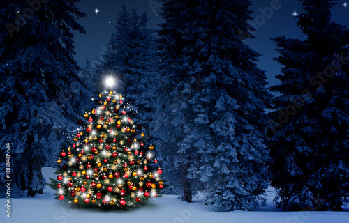 Weihnachtsbaum im Tannenwald bei Nacht im Winter