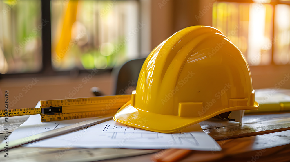 Yellow hard safety helmet hat and the blueprint, pen, ruler, protractor, and tape measure on the table at the construction site.for safety project of workman as engineer or worker Yellow hard safety helmet hat and the blueprint, pen, ruler, protractor, and tape measure on the table at the construction site.for safety project of workman as engineer or worker