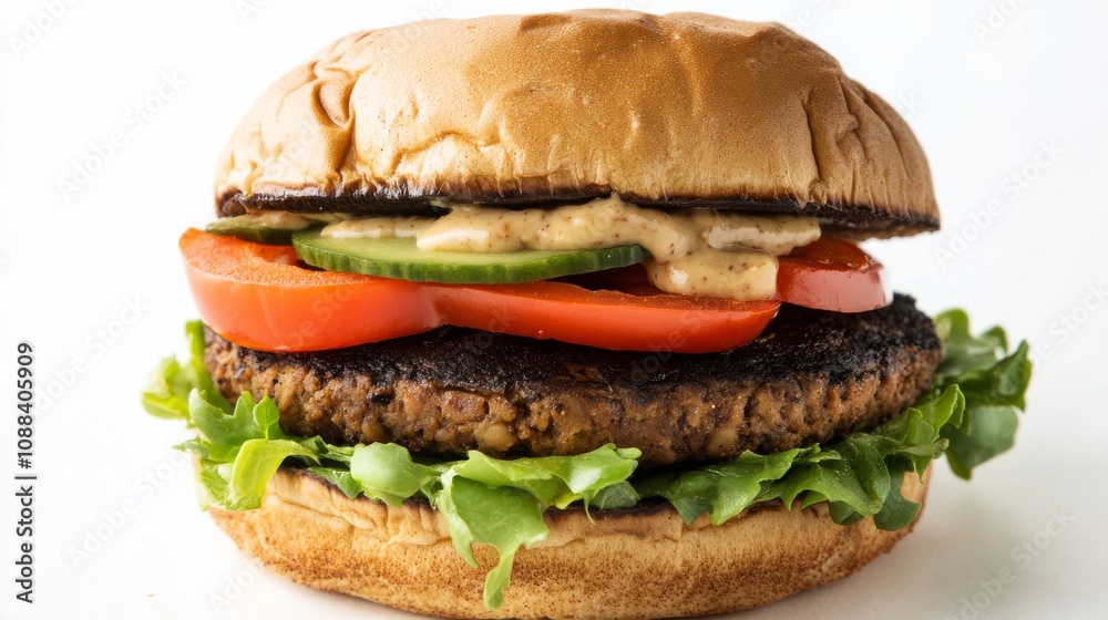 A gourmet veggie burger with a black bean patty, grilled portobello mushroom, roasted red pepper A gourmet veggie burger with a black bean patty, grilled portobello mushroom, roasted red pepper