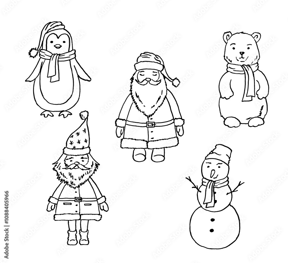 Fototapeta premium New Year's heroes, linear graphics. A Christmas drawing of Santa Claus, a polar bear, a dwarf, a snowman and a penguin. Black and white illustration.