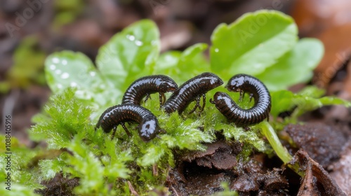 A group of earthworms wriggles amidst damp foliage, highlighting their vital role in the ecosystem's nurturing cycle. photo