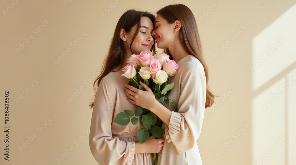 A mother lovingly holds a bouquet of pink and white roses, embracing her child in a warm, gentle moment together A mother lovingly holds a bouquet of pink and white roses, embracing her child in a warm, gentle moment together