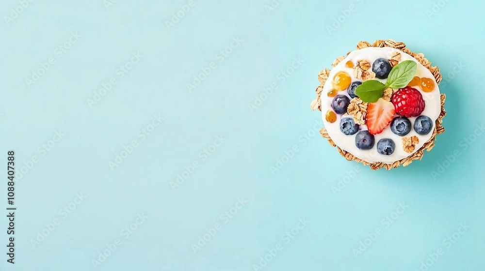 Delicate Tart with Fresh Berries and Mint on a Light Blue Background Perfect for Dessert Menus, Recipes, or Culinary Blogs Delicate Tart with Fresh Berries and Mint on a Light Blue Background Perfect for Dessert Menus, Recipes, or Culinary Blogs