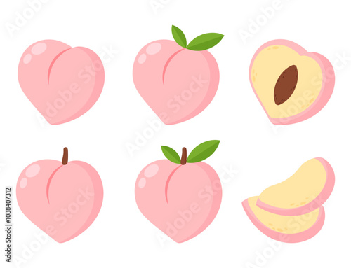 Set of peach fruit whole and cut clipart cartoon flat illustration 