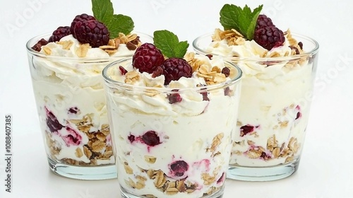 Delicious and Creamy Greek Yogurt Parfaits with Raspberries and Granola Served in Clear Glasses for a Refreshing and Nourishing Dessert or Snack