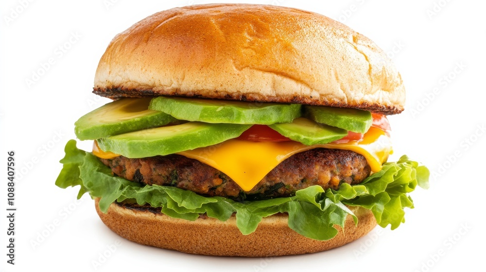 A gourmet veggie patty burger with a hearty vegetable patty, melted cheddar cheese, avocado slices A gourmet veggie patty burger with a hearty vegetable patty, melted cheddar cheese, avocado slices