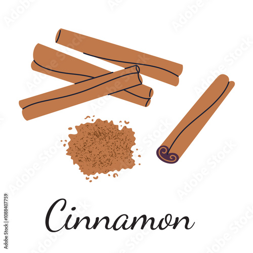 Cinnamon vector illustration in flat cartoon style. Cinnamon sticks, ground powder, and bark. Perfect for spices, food, and culinary themes. Aromatic, decorative, and modern design