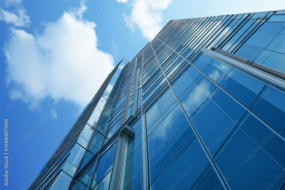 Modern skyscraper reflecting clouds and sunlight, showcasing urban architecture. Modern skyscraper reflecting clouds and sunlight, showcasing urban architecture.