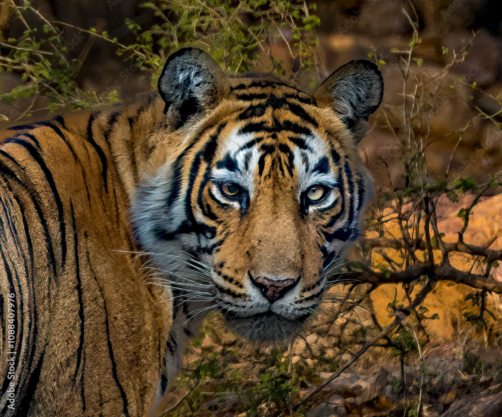 A tiger is walking through a forest, looking at the camera. Concept of curiosity and wonder, as the tiger seems to be exploring its surroundings A tiger is walking through a forest, looking at the camera. Concept of curiosity and wonder, as the tiger seems to be exploring its surroundings