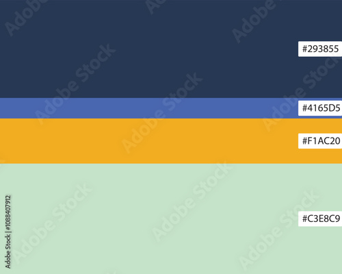 Vibrant Color Palette with Navy, Blue, Orange, and Green Stripes A modern and eye-catching color palette in navy blue (#293855) bright blue (#4165D5) orange (#F1AC20) and light green (#C3E8C9)