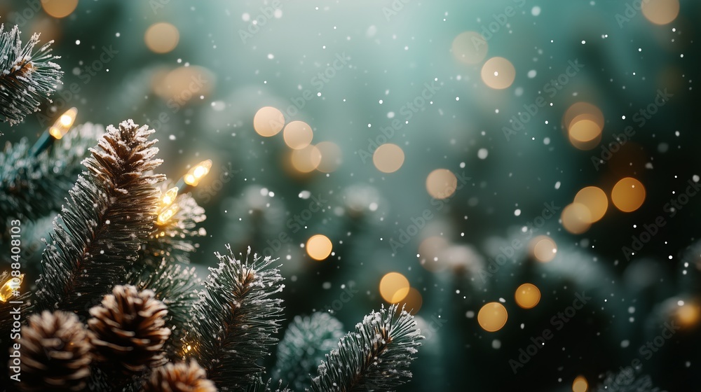 Frosty pinecones on snow-laden branches with festive background lights