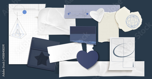 Torn paper sheets with geometric sketches scattered on navy background. Pyramid drawing, white crumpled pieces, grid notepad fragments, star decorated card and heart shaped ornaments for scrapbooking.