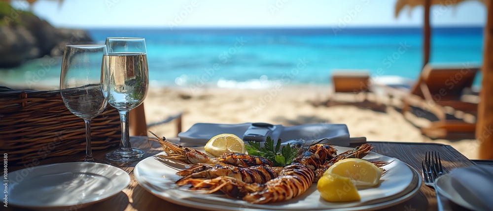 Delicious seafood meal with scenic beach view and clear water. Delicious seafood meal with scenic beach view and clear water.