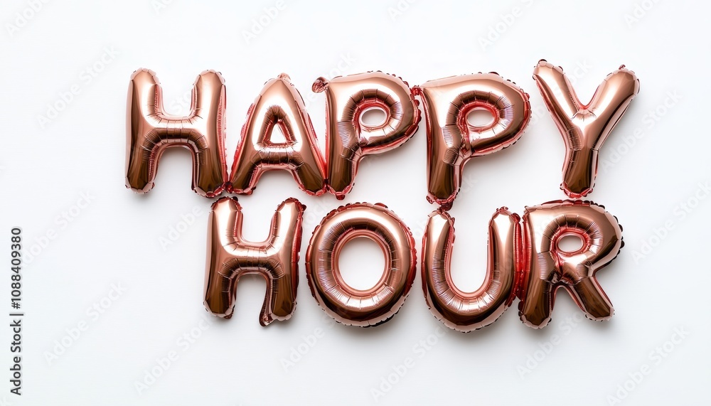 Soft Rose Gold Happy Hour Balloons on Bright White Surface Soft Rose Gold Happy Hour Balloons on Bright White Surface