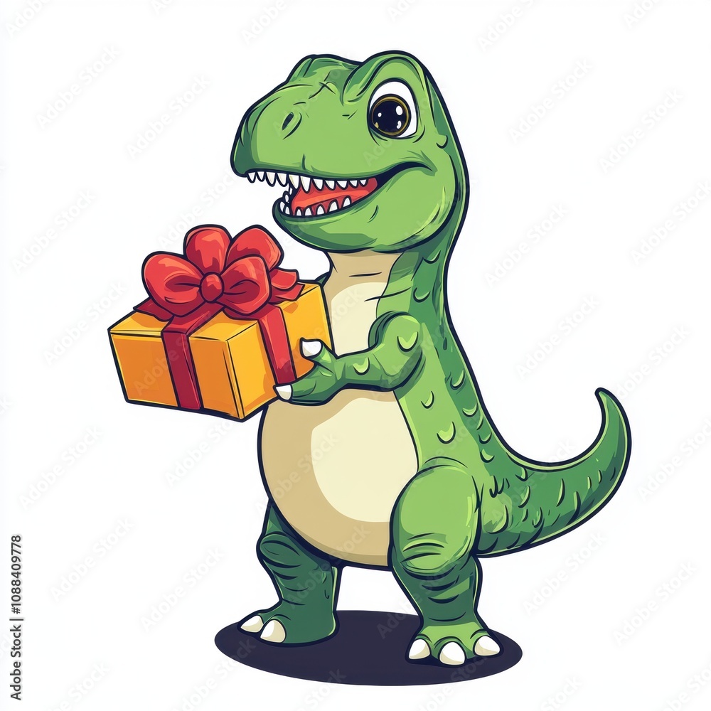 A cheerful dinosaur holding a gift box with a bow, conveying a festive spirit. A cheerful dinosaur holding a gift box with a bow, conveying a festive spirit.