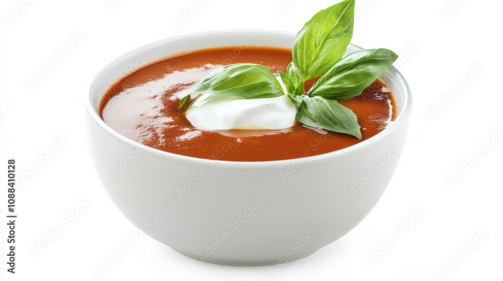 A hearty bowl of creamy tomato soup garnished with a dollop of sour cream and fresh basil leaves, Its rich red color and velvety texture invitingly displayed