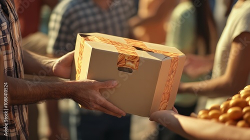 charity, donation and volunteering concept - close up of volunteers giving box of food at distribution or refugee assistance center