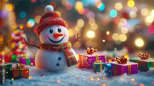 Cheerful Snowman Amidst Festive Christmas Gifts photo