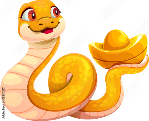 Cartoon snake zodiac character holds gold ingot, symbolizing prosperity and wealth for the Chinese lunar year 2025. Cute reptile with golden shiny body is coiled in a loop and expressive orange eyes