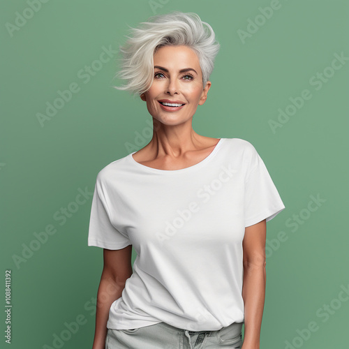 Stylish Woman with Short Gray Hair Wearing a White Shirt Smiling Joyfully in a Bright Studio Setting Emphasizing Natural Beauty and Confidence