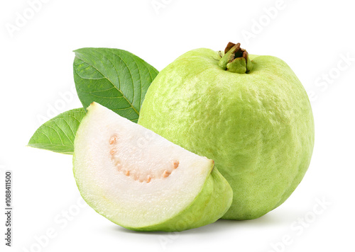 Fresh Guava fruit with cut in half isolated on white background.  Clipping path.