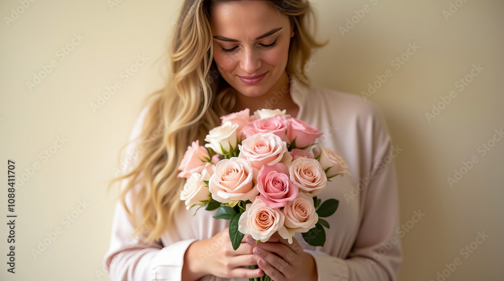 Naklejka premium Mother gently cradles a beautiful bouquet of pink and white roses, enjoying a peaceful moment at home