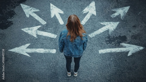 Choosing future profession. Girl standing in front of drawn signs on asphalt, top view. Arrows pointing in different directions as diversity of opportunities photo