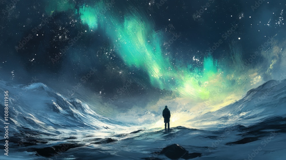 Explorer admiring the Northern Lights over an icy landscape Explorer admiring the Northern Lights over an icy landscape