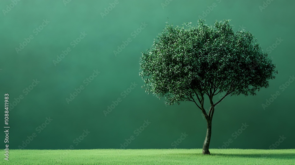 Emerald Enchantment: A Solitary Tree in a Mystical Green Landscape Emerald Enchantment: A Solitary Tree in a Mystical Green Landscape