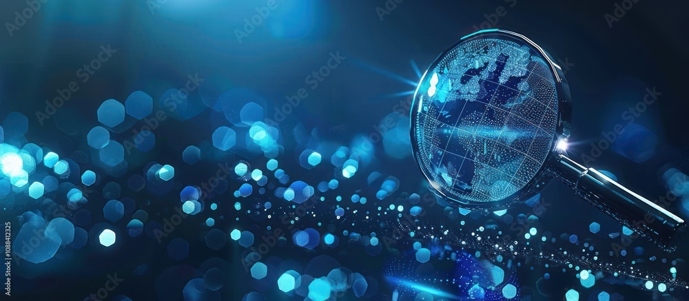 A magnifying glass with a globe inside, with a blue background. A magnifying glass with a globe inside, with a blue background.