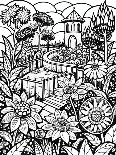 black silhouette of garden and flowers black outline vector design, coloring sheet