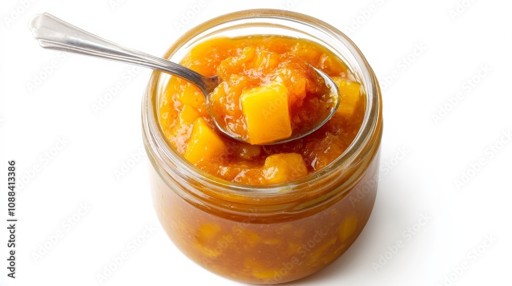 A jar of tangy mango chutney with chunks of ripe mango, ginger, garlic A jar of tangy mango chutney with chunks of ripe mango, ginger, garlic