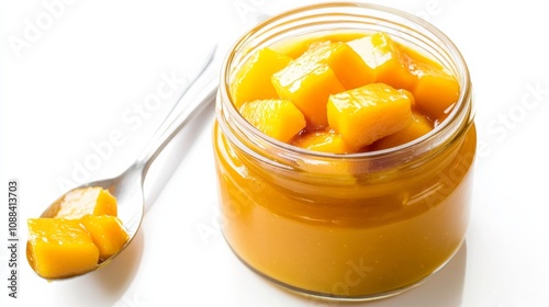 A jar of tangy mango habanero sauce with chunks of ripe mango and fiery habanero peppers, Each spoonful’s sweet and spicy flavor captured with precision photo