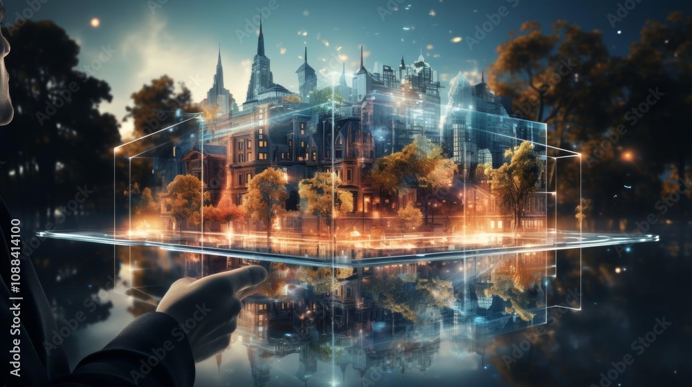 Obraz premium A man is pointing at a cityscape on a tablet
