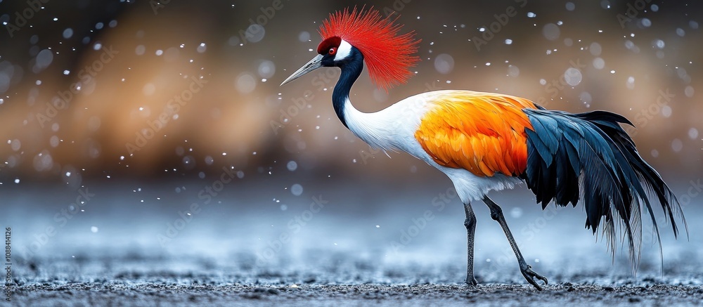 Obraz premium A Stunning Crowned Crane Walking Through The Rain