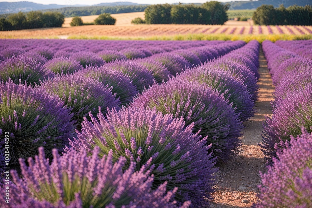 Obraz premium Lavender Blooming Field: A Aromatic Purple Essence in a Peaceful Rural Landscape