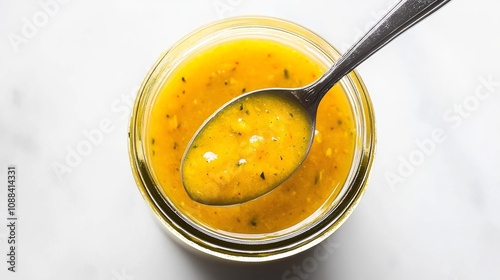 A jar of tangy mango lime vinaigrette with fresh mango puree, lime juice, honey photo