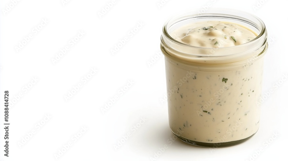 A jar of tangy ranch dressing with a creamy texture and a blend of herbs and spices, Each dollop’s smoothness and savory flavor captured with precision A jar of tangy ranch dressing with a creamy texture and a blend of herbs and spices, Each dollop’s smoothness and savory flavor captured with precision