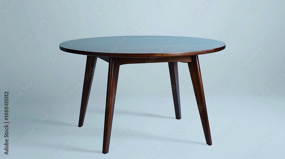 Elegant and Minimalist Dark Wood Dining Table Against a Plain Blue Background Elegant and Minimalist Dark Wood Dining Table Against a Plain Blue Background