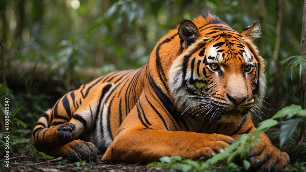 The endangered Malayan tiger, with its stunning orange fur and black stripes, is seen resting in the forest.