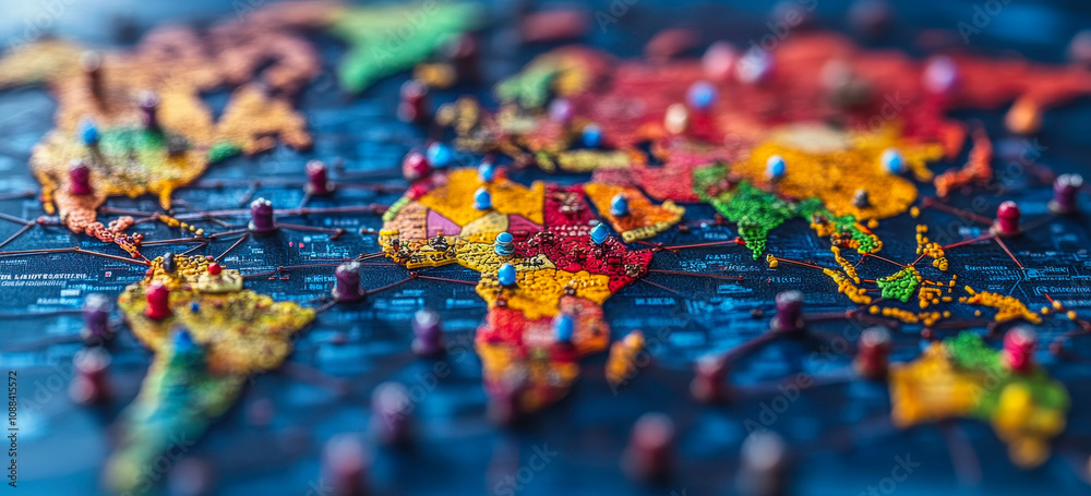 Fototapeta premium Colorful Global Network Map with Pins Connecting Countries for International Connectivity Concept