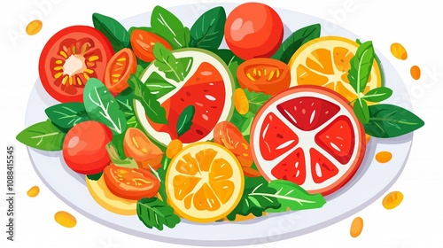 Vibrant and Colorful Fruit Salad on a Plate Featuring Slices of Watermelon, Oranges, Tomatoes, Grapefruit, and Fresh Green Mint Leaves for a Healthy Meal