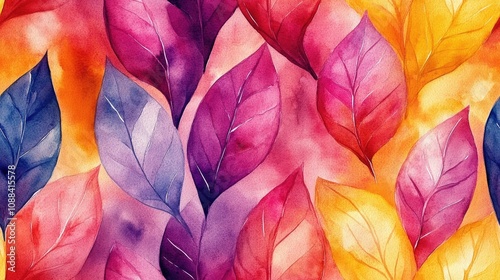 Seamless watercolor leaf pattern featuring vibrant autumn hues ideal for textile design and seasonal decor