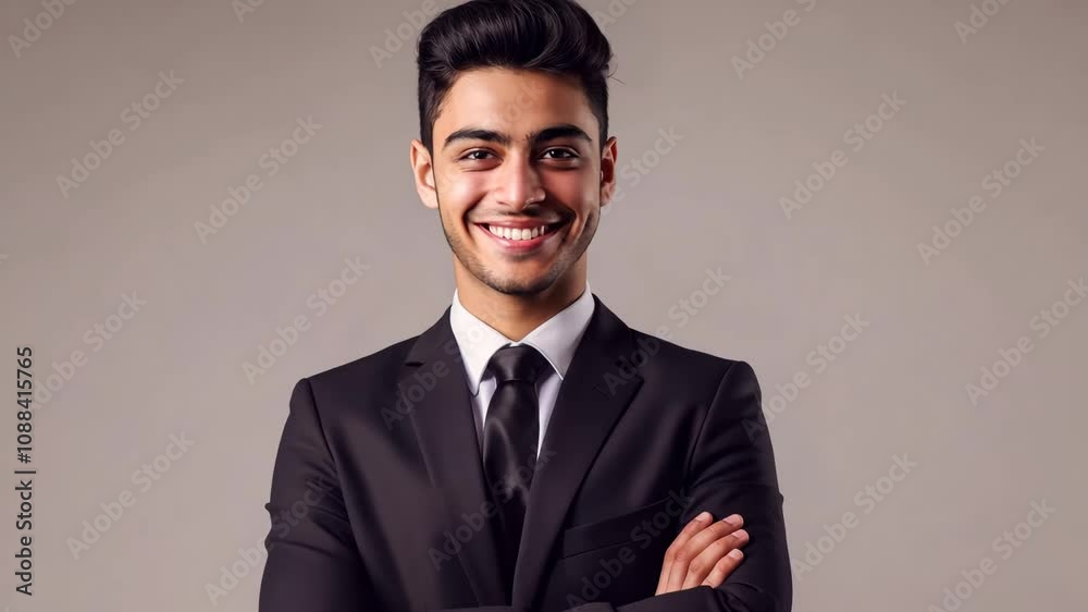 Confident professional smiling man in suit displaying charisma and positive energy Confident professional smiling man in suit displaying charisma and positive energy