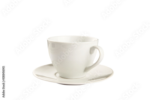 White porcelain teacup with saucer. Minimalistic style. Isolated on a white background. Concept of kitchenware or tableware design