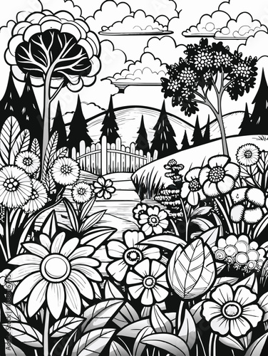 black silhouette of garden and flowers black outline vector design, coloring sheet