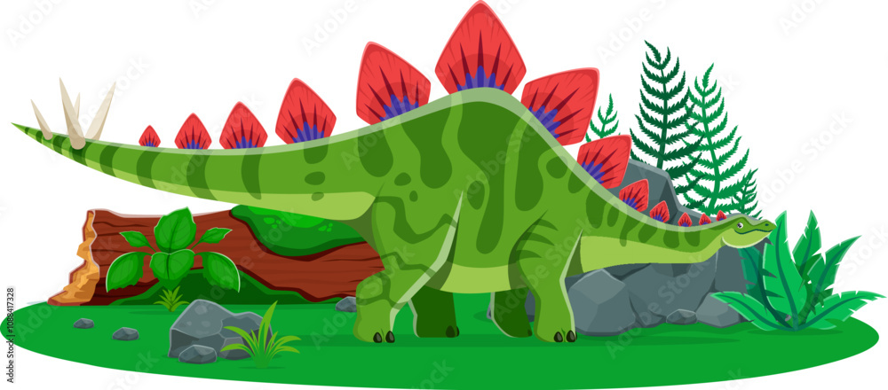 Obraz premium Dinosaur or prehistoric lizard Stegosaurus and dino animal character, cartoon vector. Jurassic era Stegosaurus dinosaur with armored spine spikes for kid paleontology encyclopedia and dino atlas