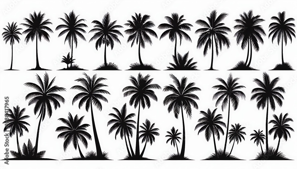 Silhouettes of Various Palm Trees on a White Background. generator AI Silhouettes of Various Palm Trees on a White Background. generator AI