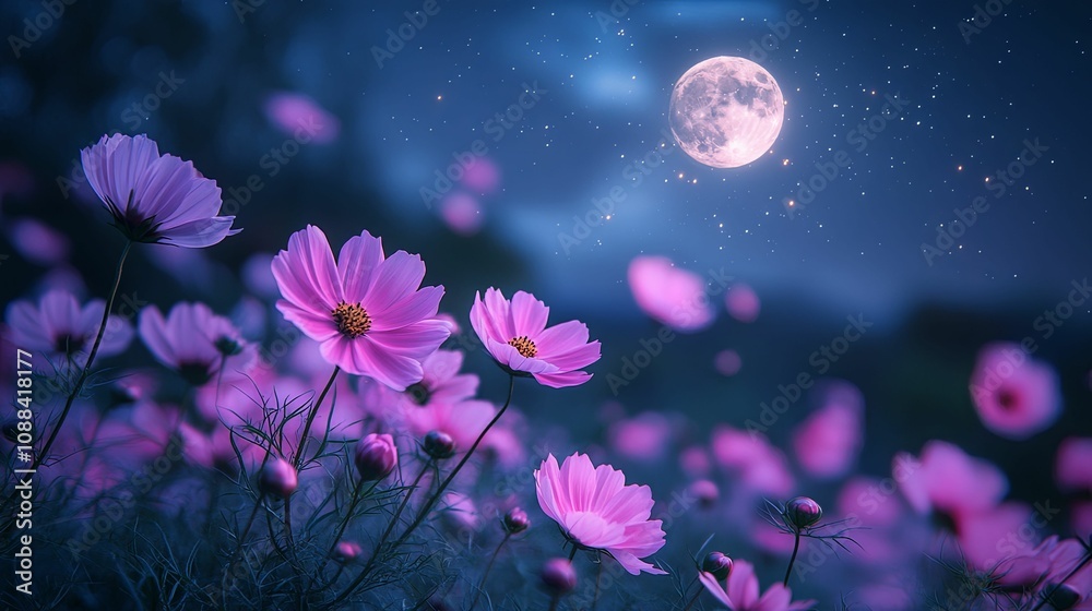 Pink Cosmos Flowers Bloom Underneath Night Sky Moon Pink Cosmos Flowers Bloom Underneath Night Sky Moon